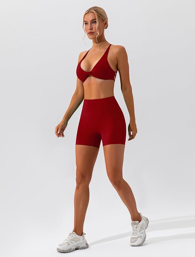 ABOCIW Workout Sets for Women 2 Piece Twist Front Halter Sports Bras High Waist Biker Shorts Exercise Gym Yoga Outfit