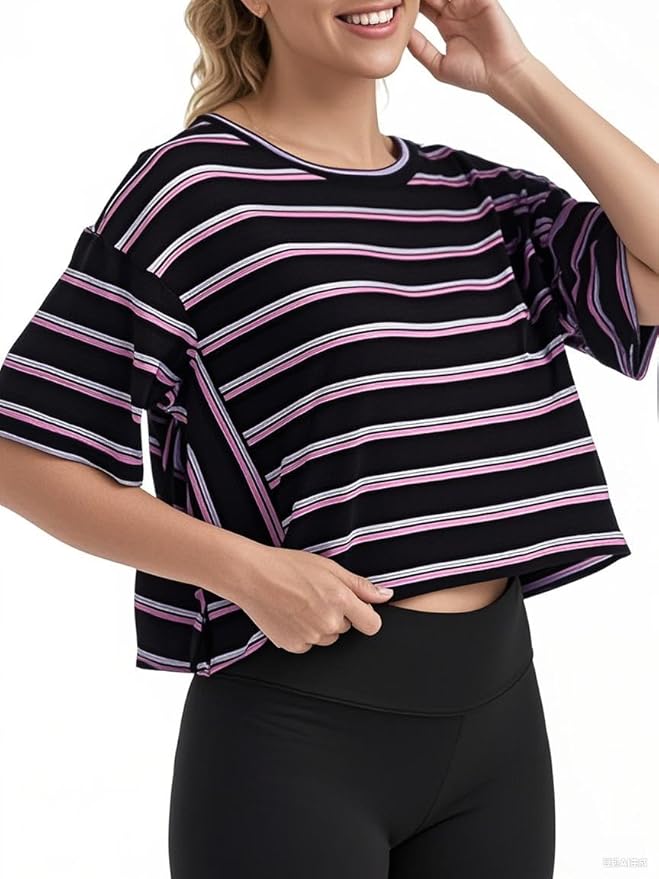 Women's Oversize Workout Crop Tops Casual Short Sleeve Drop Shoulder Boxy T-Shirts Roll Hem Basic Loose Yoga Running Tees