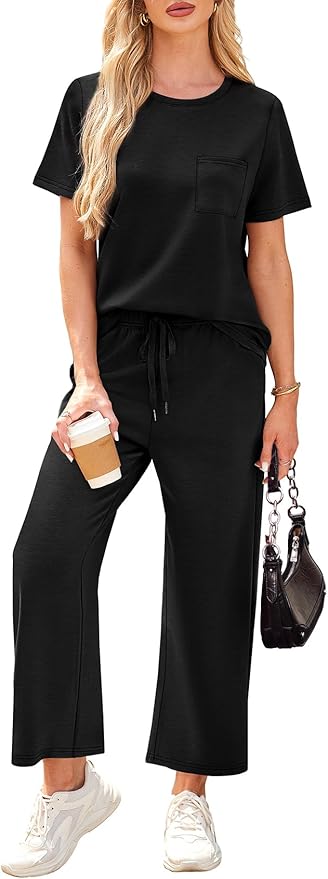 WIHOLL 2 Piece Sets for Women Casual Summer Travel Vacation Outfits Short Sleeve Wide Leg Crop Pants Lounge Sets