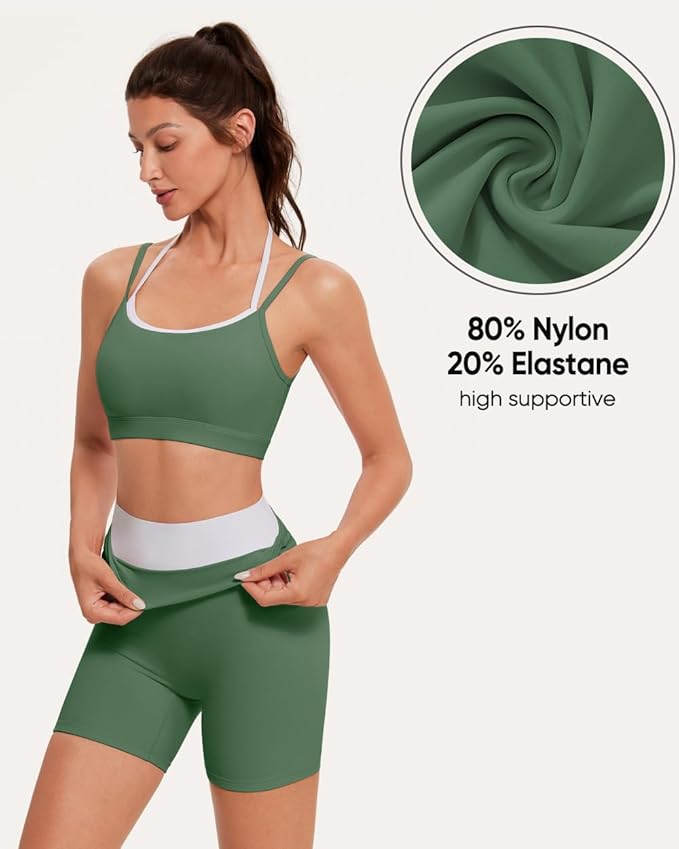 OMKAGI Workout Sets for Women Cute Doubel Layer Open Back Sports Bras Gym Shorts Outfits