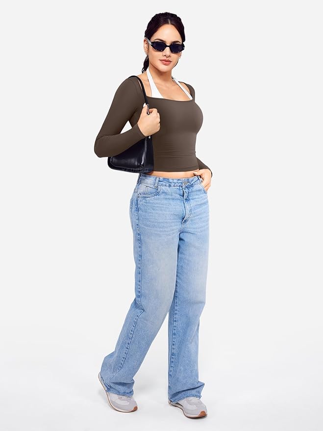 YEOREO Long Sleeve Workout Tops for Women Square Neck Slim Fitted Double Lined Compression Shirt Basic Casual Gym Yoga Tops