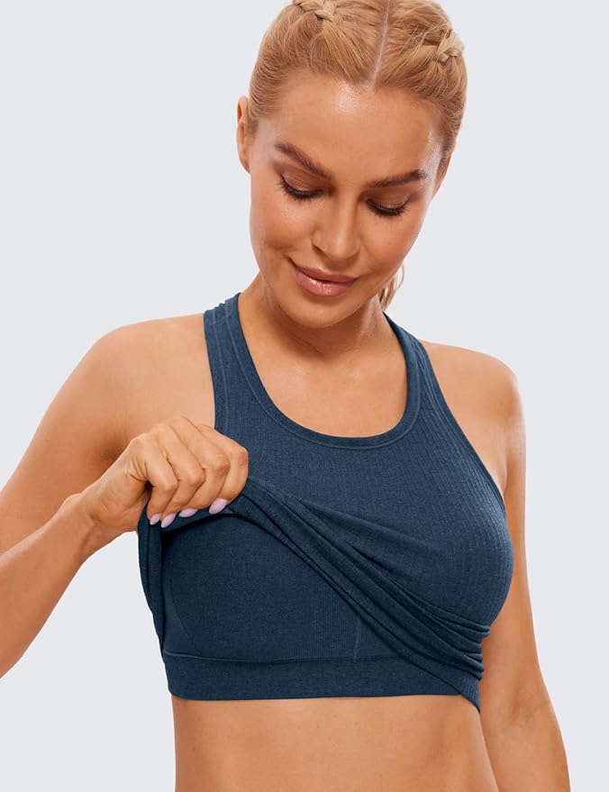 CRZ YOGA Seamless Ribbed High Neck Crop Tank Tops for Women - Longline Racerback Padded Sports Bras