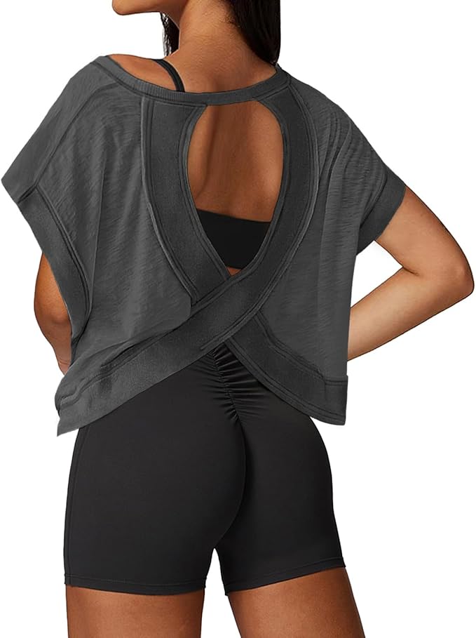UNIANKIYA Open Back Workout Tops for Women Loose Fit Athletic Crop Tee Short Sleeve Gym Running Yoga Shirt