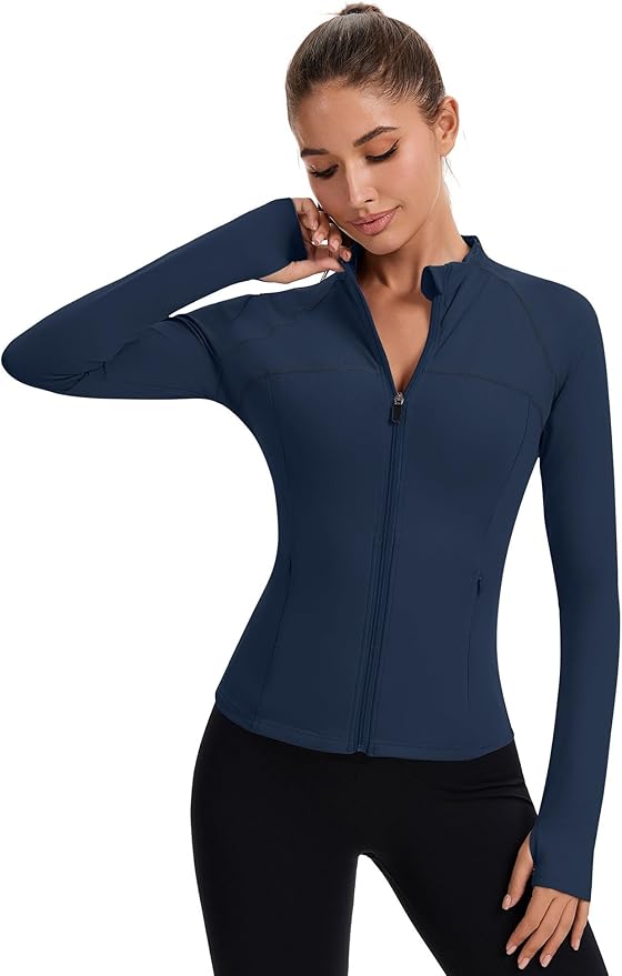 Rapbin Women's Full Zip Workout jackets Runing Slim Fit Athletic Tops With Thumb Holes
