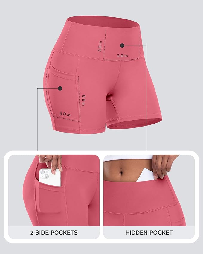 CHRLEISURE Womens Biker Yoga Shorts with Pocket, High Waisted Tummy Control 5 Inch Workout Spandex Athletic Gym Shorts