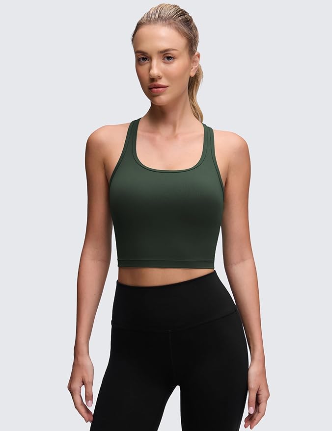 CRZ YOGA Butterluxe Racerback Crop Tank Tops for Women - Padded Y-Back Longline Sports Bras Scoop Neck Workout Yoga