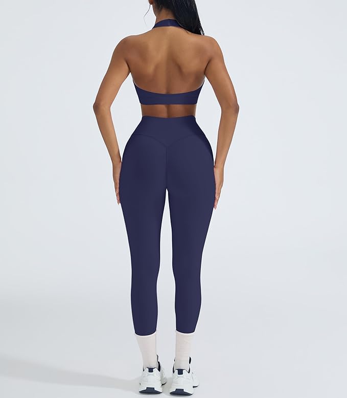 OMKAGI 2 Piece Workout Sets for Women Halter Sports Bras Gym Sets Booty Leggings Outfits