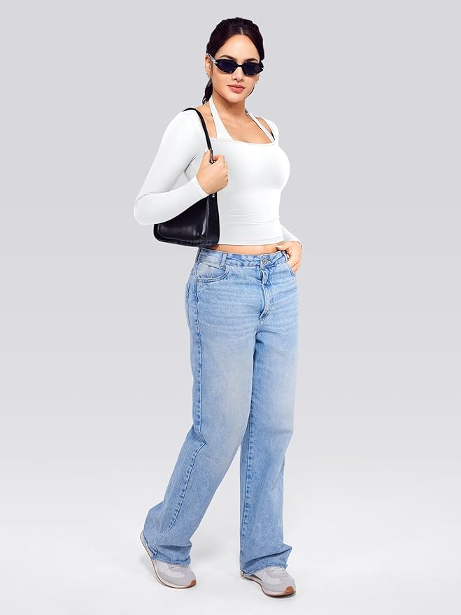 YEOREO Long Sleeve Workout Tops for Women Square Neck Slim Fitted Double Lined Compression Shirt Basic Casual Gym Yoga Tops