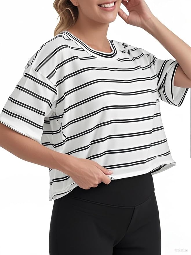Women's Oversize Workout Crop Tops Casual Short Sleeve Drop Shoulder Boxy T-Shirts Roll Hem Basic Loose Yoga Running Tees