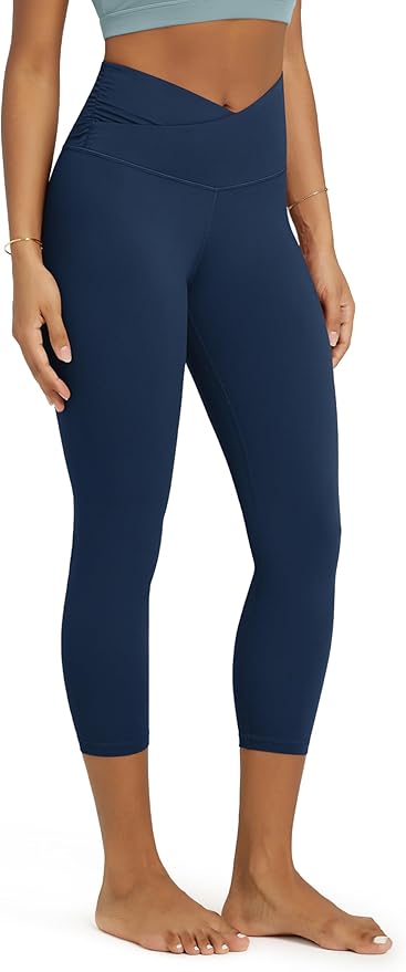 ODODOS Women's Cross Waist Yoga Leggings with Inner Pocket, 23"/25"/28" Gathered Crossover Workout Yoga Pants