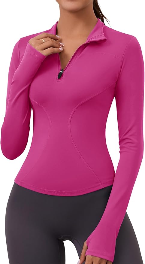 LOMON Womens Long Sleeve Workout Tops Quick Dry Quarter Zip Pullover Crop Yoga Athletic Slim Fit Shirts