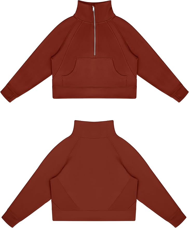 THE GYM PEOPLE Womens' Half Zip Pullover Fleece Stand Collar Crop Sweatshirt with Pockets Thumb Hole