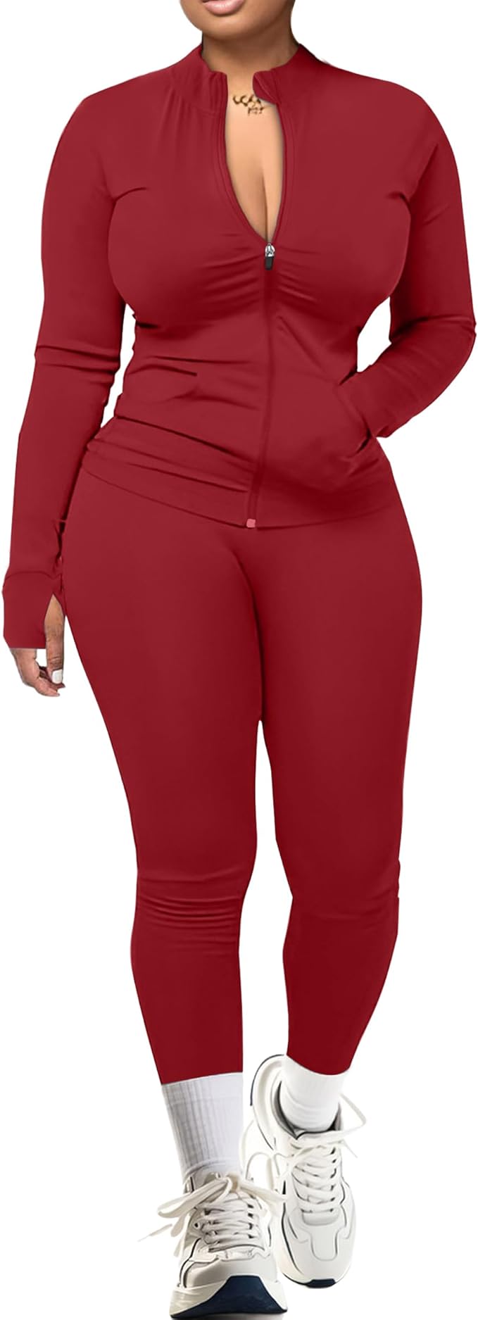 UOUA Two Piece Outfits Women Tracksuit Sets Long Sleeve Zip Up Jacket & Leggings for Gym Workout Set