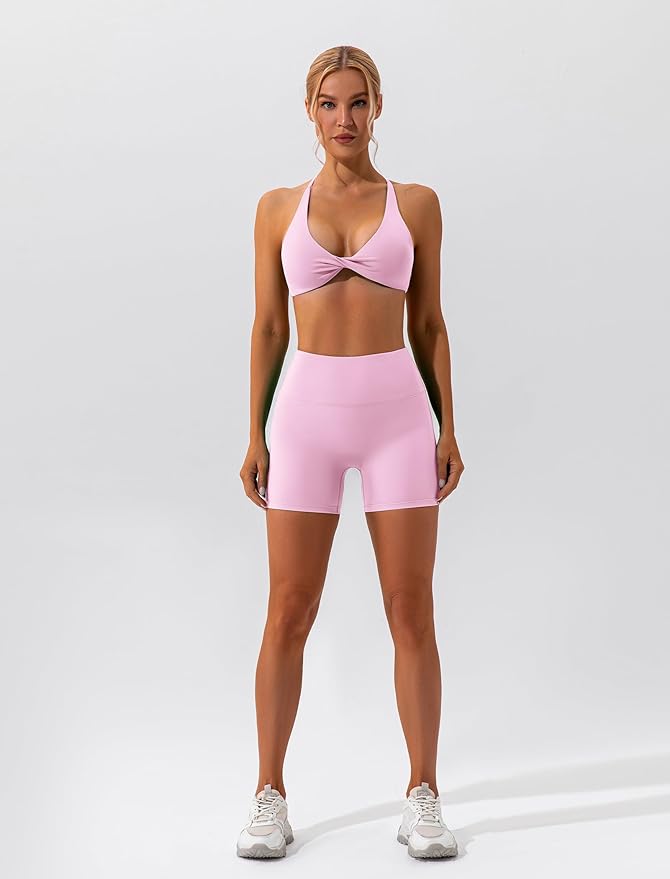 ABOCIW Workout Sets for Women 2 Piece Twist Front Halter Sports Bras High Waist Biker Shorts Exercise Gym Yoga Outfit