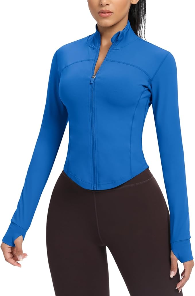 AVGO Women's Cropped Running Workout Jackets Zip Slim Fit Athletic Tops with Thumb Holes