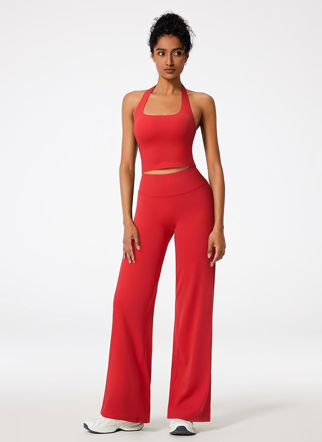 RXRXCOCO Halter Workout Sets for Women 2 Piece Padded Crop Tank Tops Straight Leg Yoga Pants Outfits with Hidden Pocket