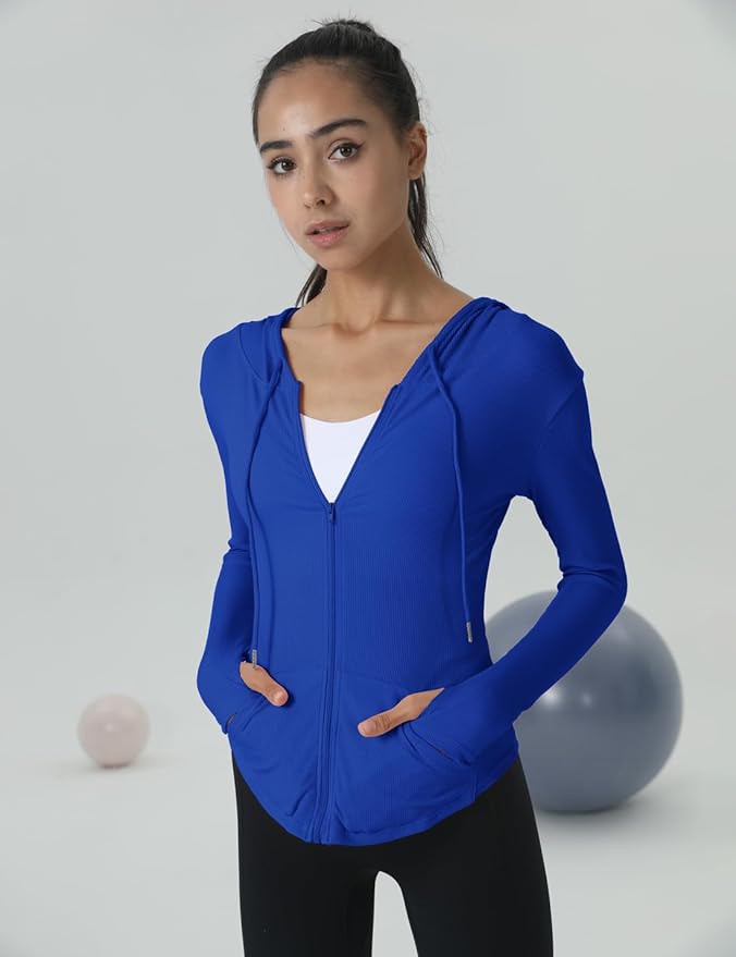 Locachy Womens Slim Fit Full Zip Hoodie Athletic Jacket Yoga Workout Running Jackets with Thumb Holes