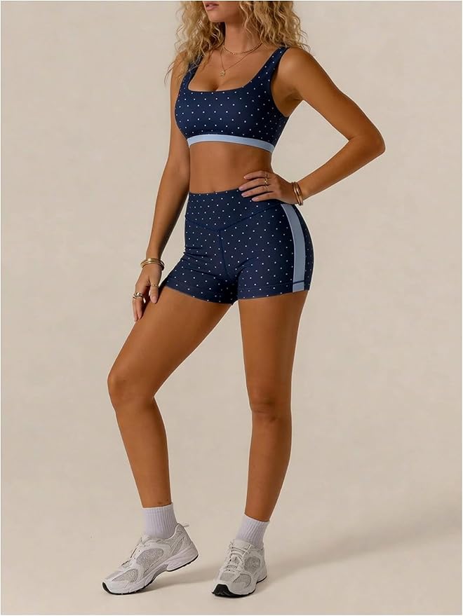 Milumia Women's Polka Dots Workout Set 2 Piece Color Block Yoga Outfit Bra Tank High Waisted Biker Shorts