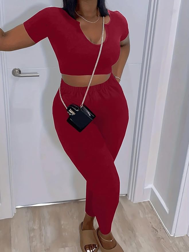 Nimsruc 2 Piece Sets For Women Sexy Casual Workout Crop Short Sleeve Long pants Leggings Sets Summer Active Wear