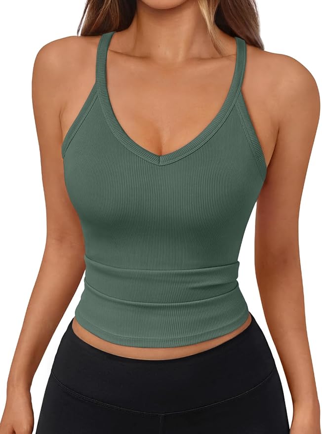 Trendy Queen Womens Racerback Ribbed Tank Tops Soft Stretch V Neck Workout Casual Tops Summer Sleeveless Crop Camisole