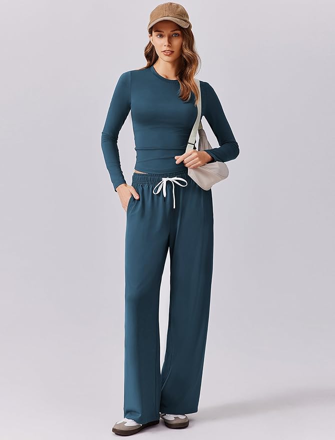 PINSPARK Women 2 Piece Lounge Set Long Sleeve Cropped Top Wide Leg Pants with Pockets 2024 Fall Outfits Matching Tracksuit