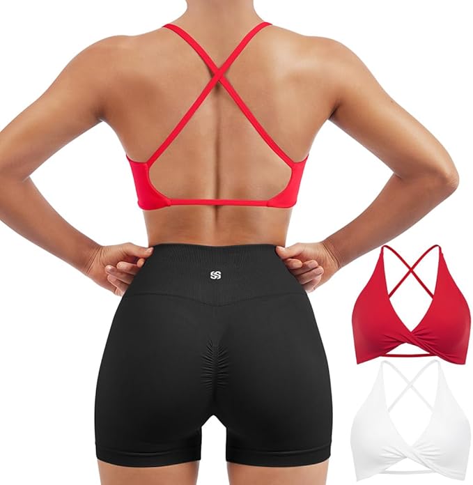 SUUKSESS Women 2 Piece Open Back Strappy Sports Bra Pack Twist V Neck Workout Crops