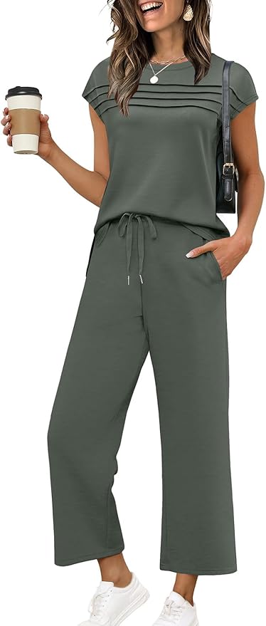 WIHOLL Two Piece Sets for Women Summer Spring Travel Vacation Outfits Cap Sleeve Lounge Matching Sets Wide Leg Pants S-3XL