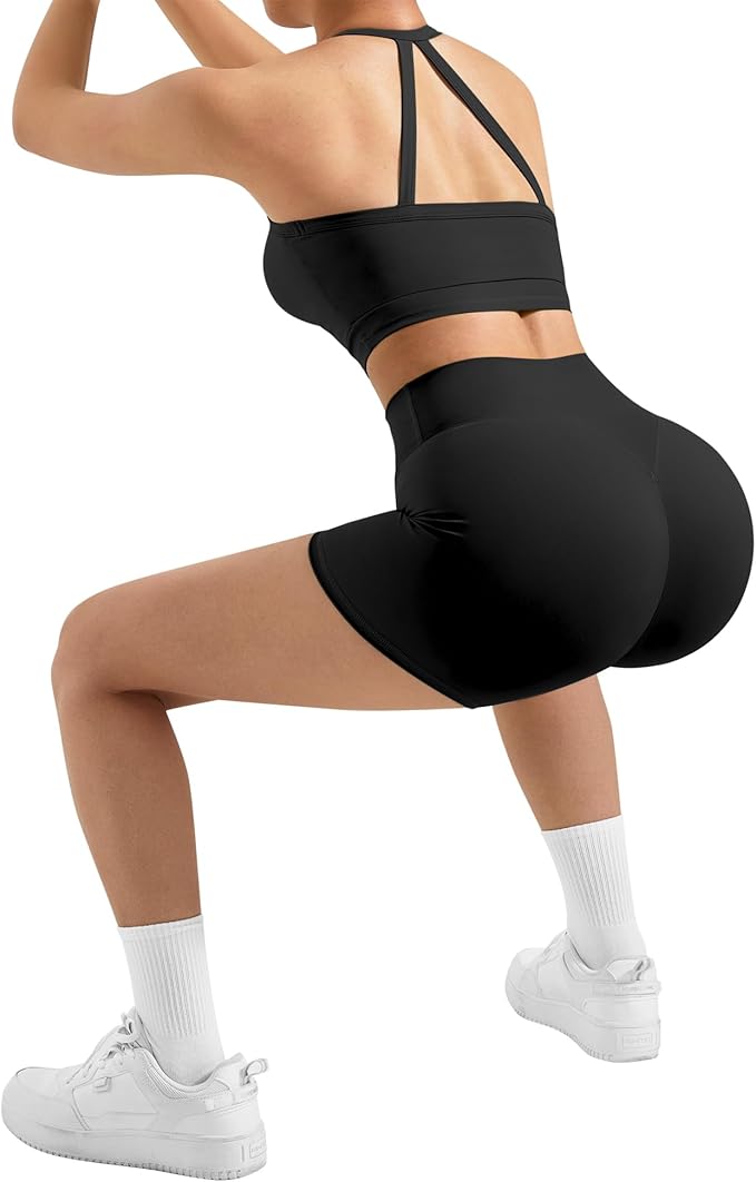 SUUKSESS Women 2 Piece Workout Sets High Waisted Tummy Control Biker Shorts Halter Padded Tank Tops
