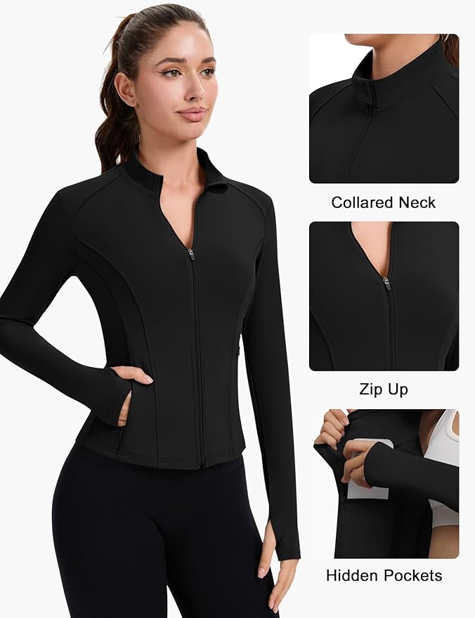 ZHENWEI Workout Jackets for Women Full Zip Up Cropped Athletic Long Sleeve Lightweight Slim Fit Running Tops with Pockets