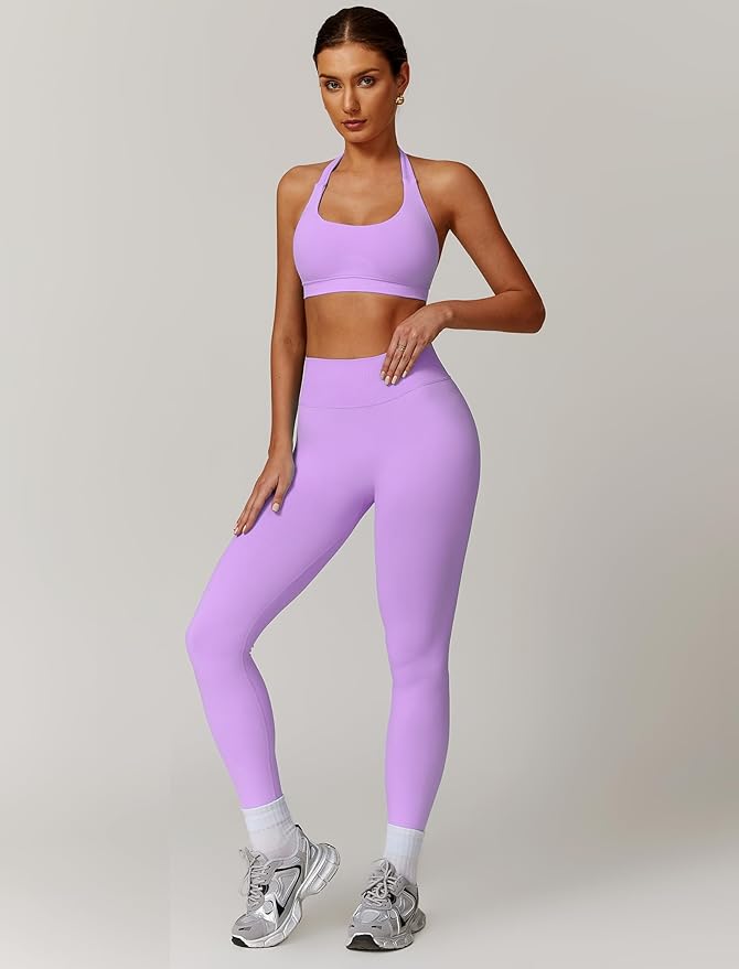 ABOCIW Workout Sets for Women Seamless Scunch Butt Lifting Impact Leggings Halter Sports Bra 2 Piece Gym Outfits