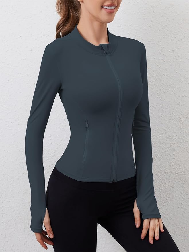 Women Built-In Pockets Athletic Jackets Slim Fit Full Zip up Workout Yoga Gym Jacket with Thumb Holes