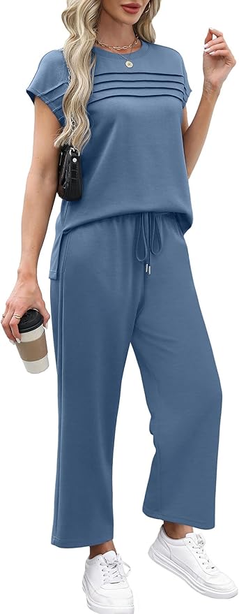 WIHOLL Two Piece Sets for Women Summer Spring Travel Vacation Outfits Cap Sleeve Lounge Matching Sets Wide Leg Pants S-3XL