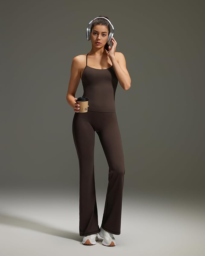 OMKAGI 2 Piece Workout Sets for Women Padded Tank Tops Flare Leggings Pilates Outfits