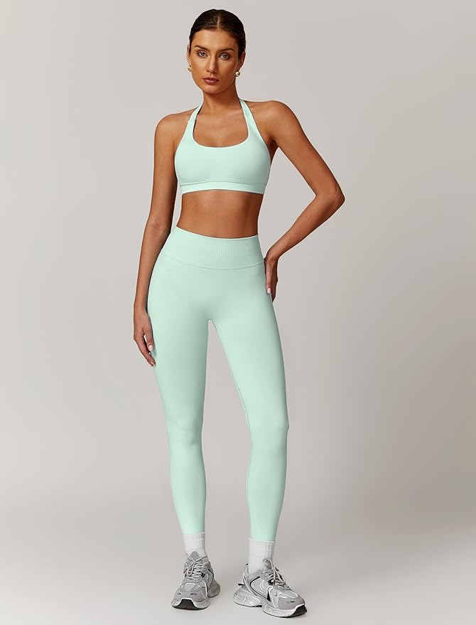 ABOCIW Workout Sets for Women Seamless Scunch Butt Lifting Impact Leggings Halter Sports Bra 2 Piece Gym Outfits