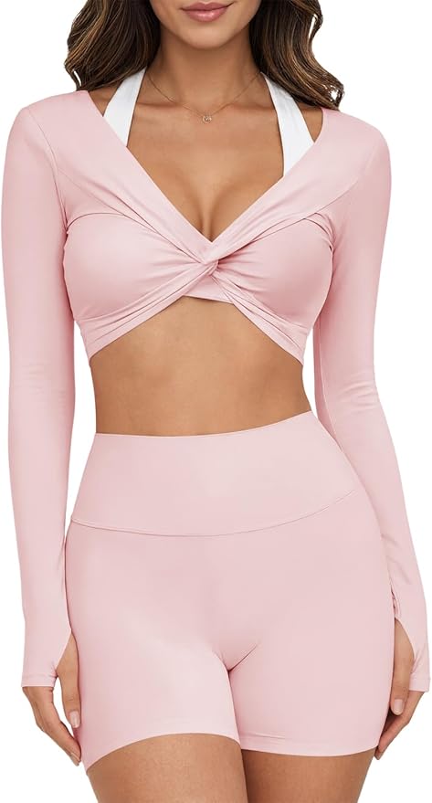 Yousify Womens Long Sleeve Workout Crop Tops Twist Deep V Neck Y2k Yoga Pilates Ballet T Shirt Top with Thumb Holes