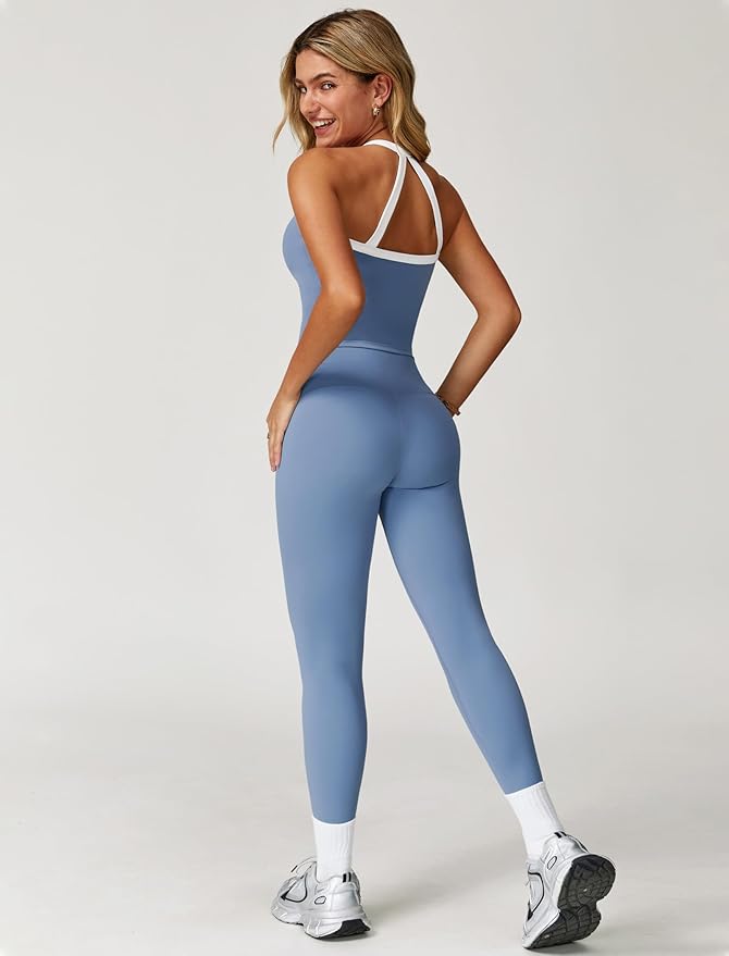 QBGJTD Womens Workout Sets Two Piece Cross Back Tank Top Matching High Waist Leggings Sets Gym Outfits Work Out Clothes