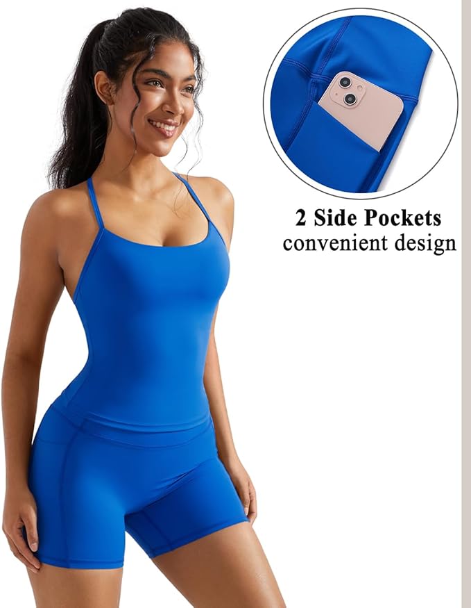 OMKAGI 2 Piece Workout Sets for Women Padded Sports Bra Tank Booty Gym Shorts with Pockets