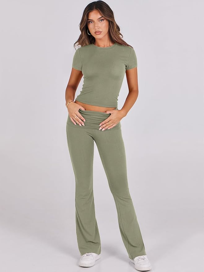 ANRABESS Lounge Sets for Women 2 Piece Foldover Yoga Flare Leggings Pants Crop Tops Casual Y2K Outfits Matching Tracksuit Set