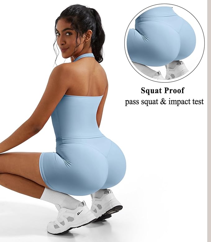 OMKAGI 2 Piece Workout Sets for Women Halter Sports Bra Tank Gym Biker Shorts Outfits