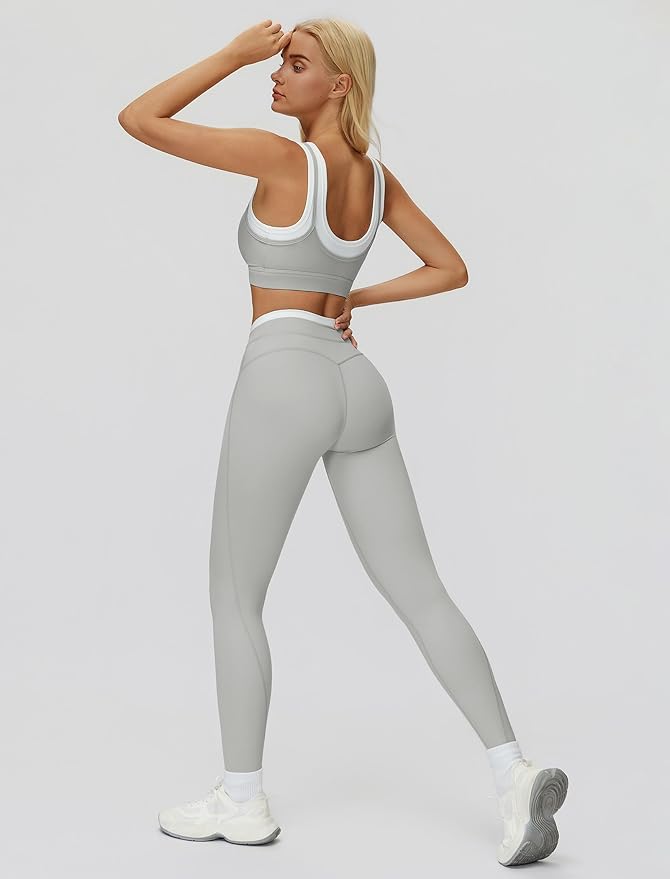 ABOCIW Two Piece Workout Sets for Women Layer Sports Bra Tummy Control High Wait Leggings Gym Yoga Outfits
