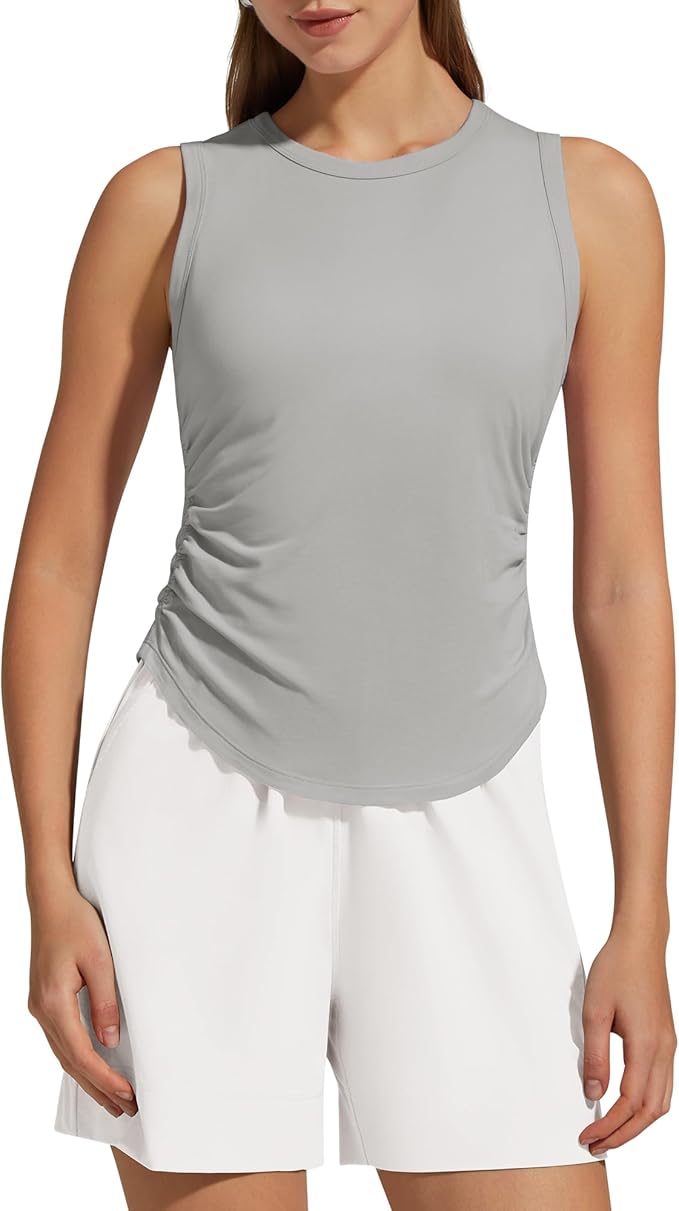 G4Free Lyocell Ruched Side Workout Tank Tops Woman High Neck Waist Length Gym Tanks Soft Relaxed Fit for Training