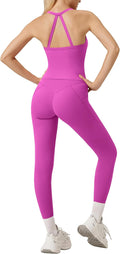 RXRXCOCO Cross Back Workout Sets for Women 2 Piece Padded Tank Tops Hidden Scrunch Leggings Gym Outfits with Pockets