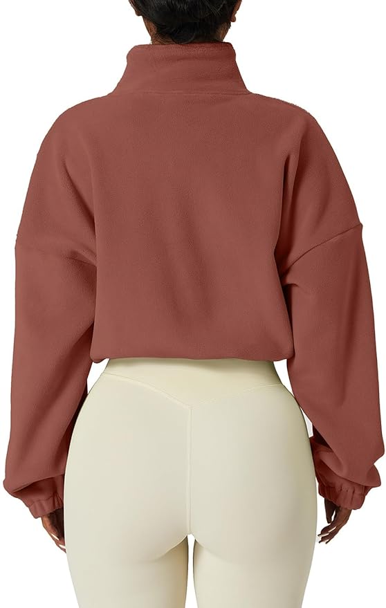 QINSEN Women's Full Zip Fleece Short Jacket Warm Winter Long Sleeve Stand Collar Sherpa Crop Coat