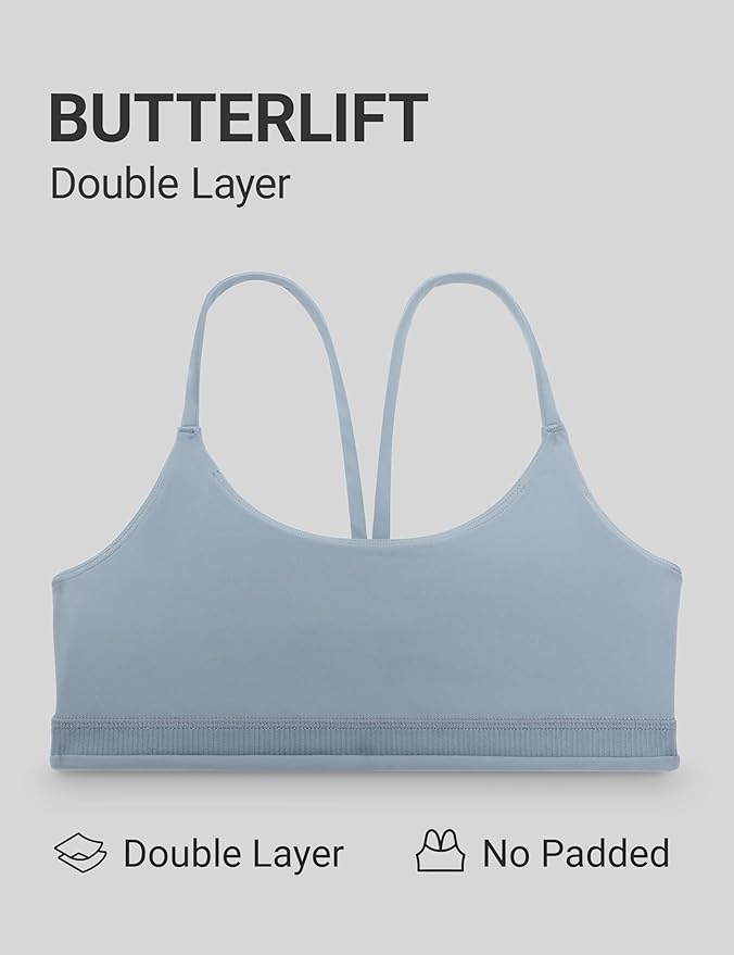 CRZ YOGA Butterlift Double Lined V Back Sports Bras for Women - Scoop Neck Spaghetti Strap Wireless Yoga Top Non Padded