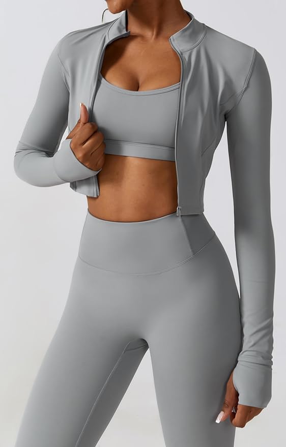 Yknktstc Womens Full Zip Athletic Jacket with Thumbhole Long Sleeve Crop Top Running Workout Yoga Sportswear Shirt