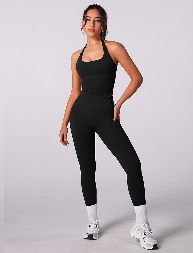 ABOCIW Workout Sets for Women Seamless Scunch Butt Lifting Impact Leggings Halter Sports Bra 2 Piece Gym Outfits
