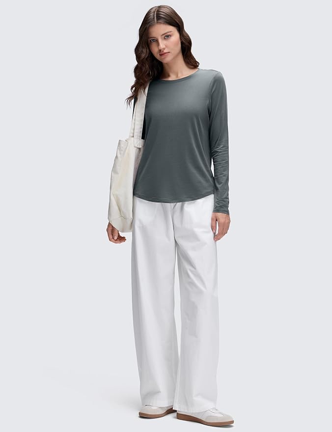 CRZ YOGA Pima Cotton Crewneck Long Sleeve Shirts for Women - Workout Athletic Yoga Casual Tops Soft Plain T-Shirt