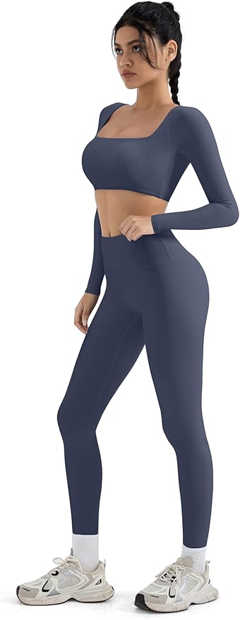 SUUKSESS Women 2 Piece Workout Sets Compression Tummy Control Leggings with Pockets Long Sleeve Square Neck Padded Crop Tops