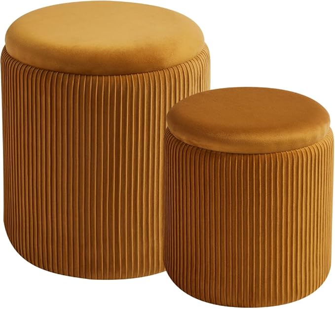 BLEXA Round Set of 2 Ottoman with Storage-Upholstered Velvet Vanity Stool for Makeup Multifunctional Ottomans Coffee Table Padded Seat Foot Rest for Living Room&Bedroom (Yellow)