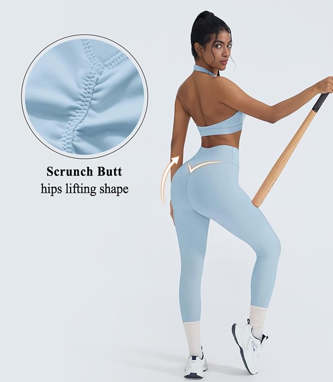 OMKAGI 2 Piece Workout Sets for Women Halter Sports Bras Gym Sets Booty Leggings Outfits